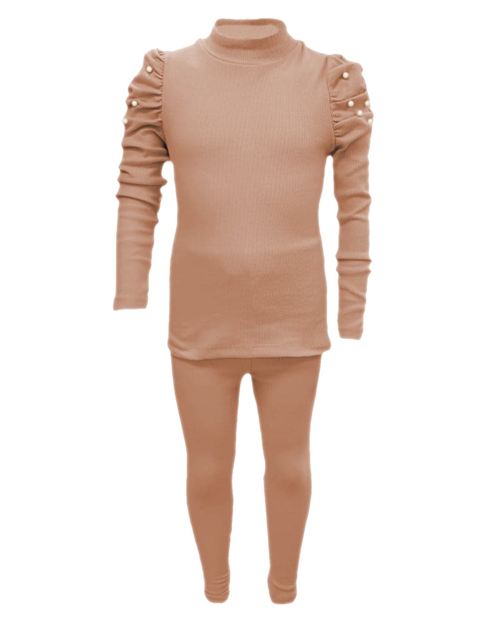 Girls Ribbed Ruched Sleeve Pearl Outfit