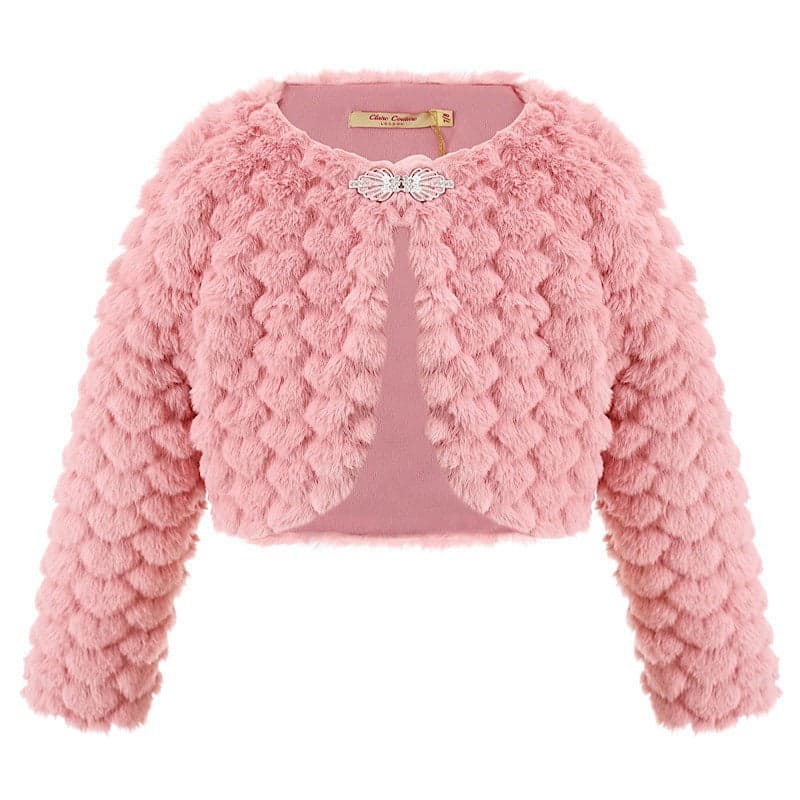 Girls Bolero Shrug Ivory Faux Fur Long Sleeve Tippet Diamante Fastening