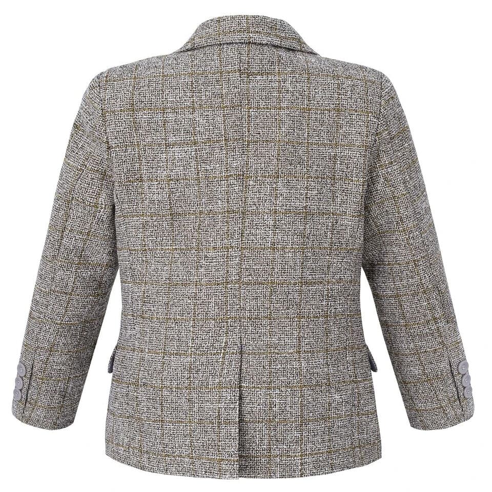 Boys Tweed Check Blazer Formal Party Kids Long Sleeve Button Notch Lapel Beige