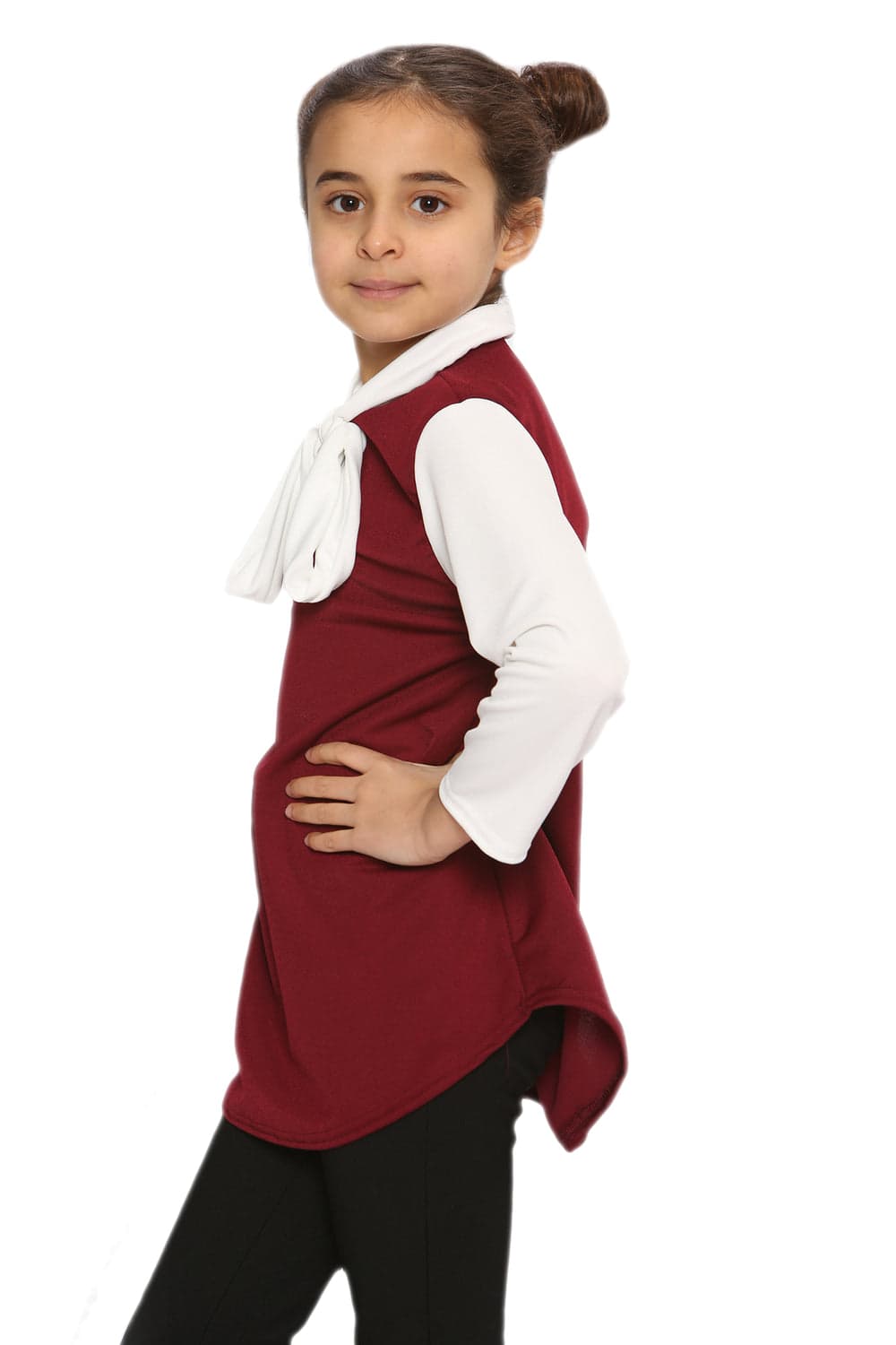 Girls Contrast Collar Tie Bow Knot Tops