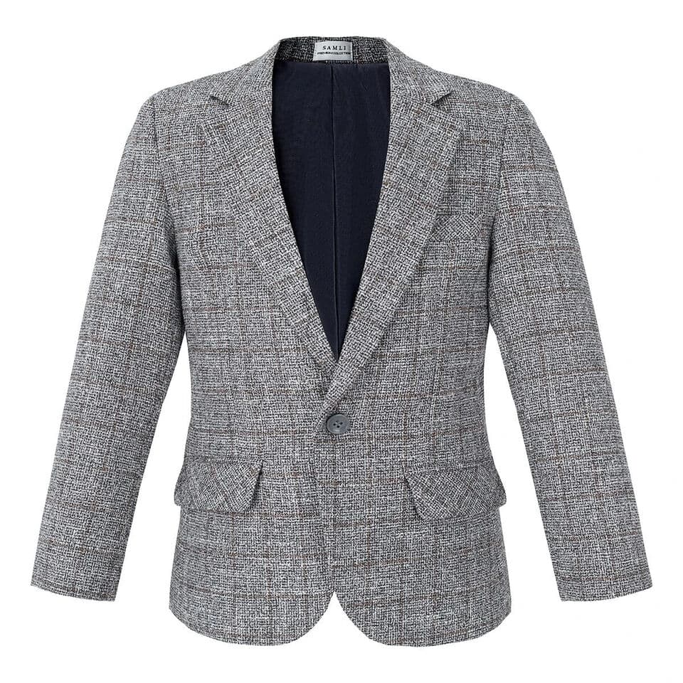 Boys Tweed Check Blazer Formal Party Kids Long Sleeve Button Notch Lapel Grey