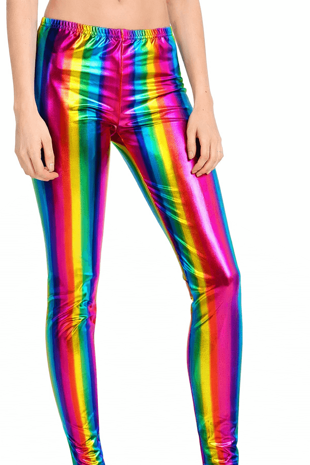 Kids Rainbow Metallic Crop Top Shorts & Leggings Set Shiny Festival Dance Outfit