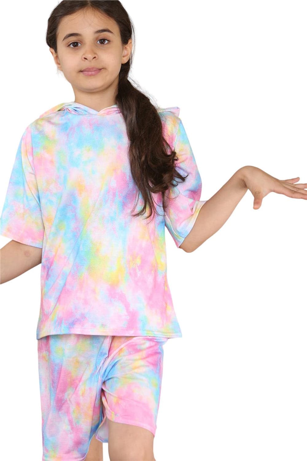 Girls Tie Dye Hooded Top & Shorts Outfit