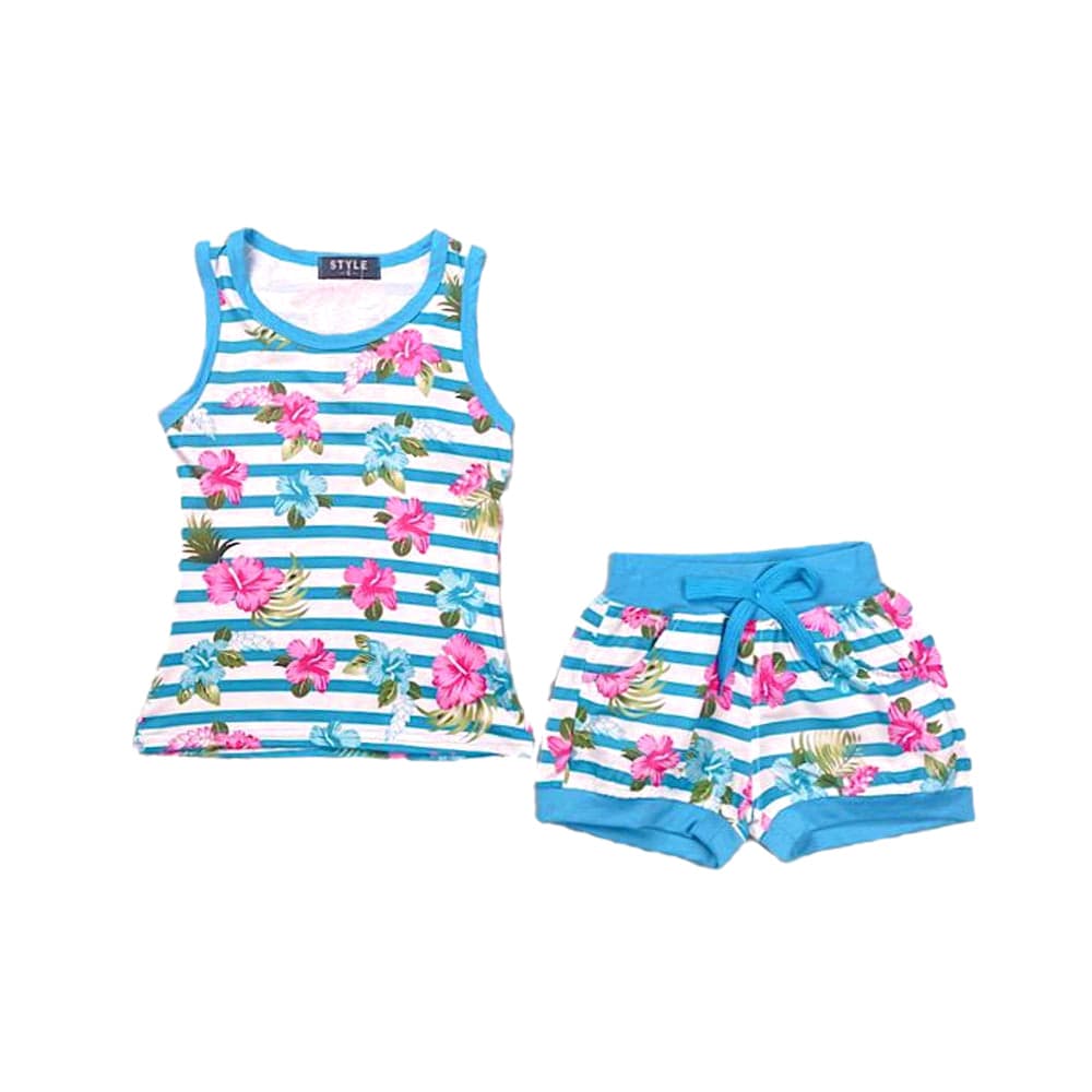 Girls Floral Striped Shorts Set Vest Top Outfit