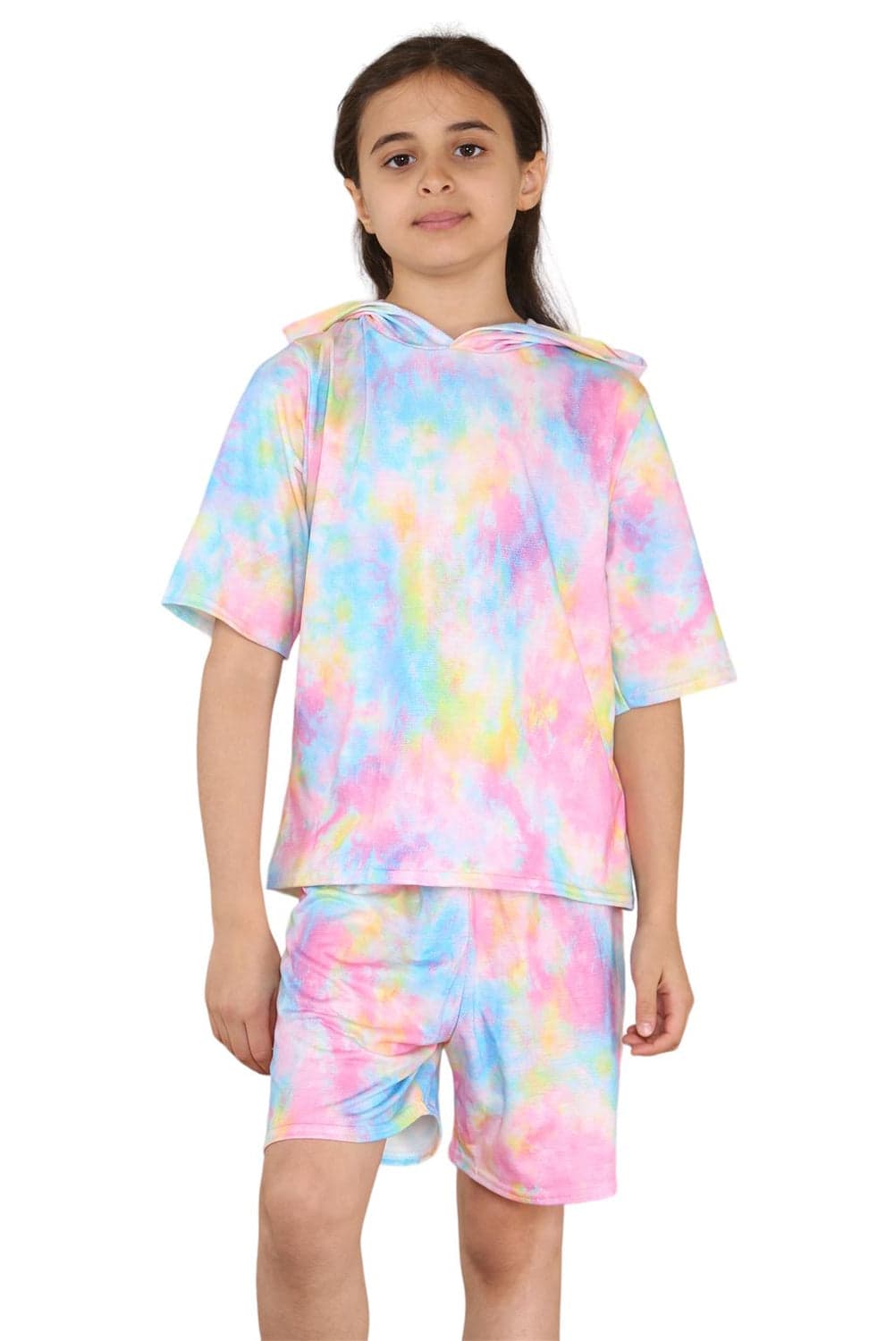 Girls Tie Dye Hooded Top & Shorts Outfit