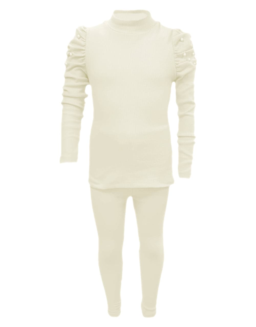 Girls Ribbed Ruched Sleeve Pearl Outfit