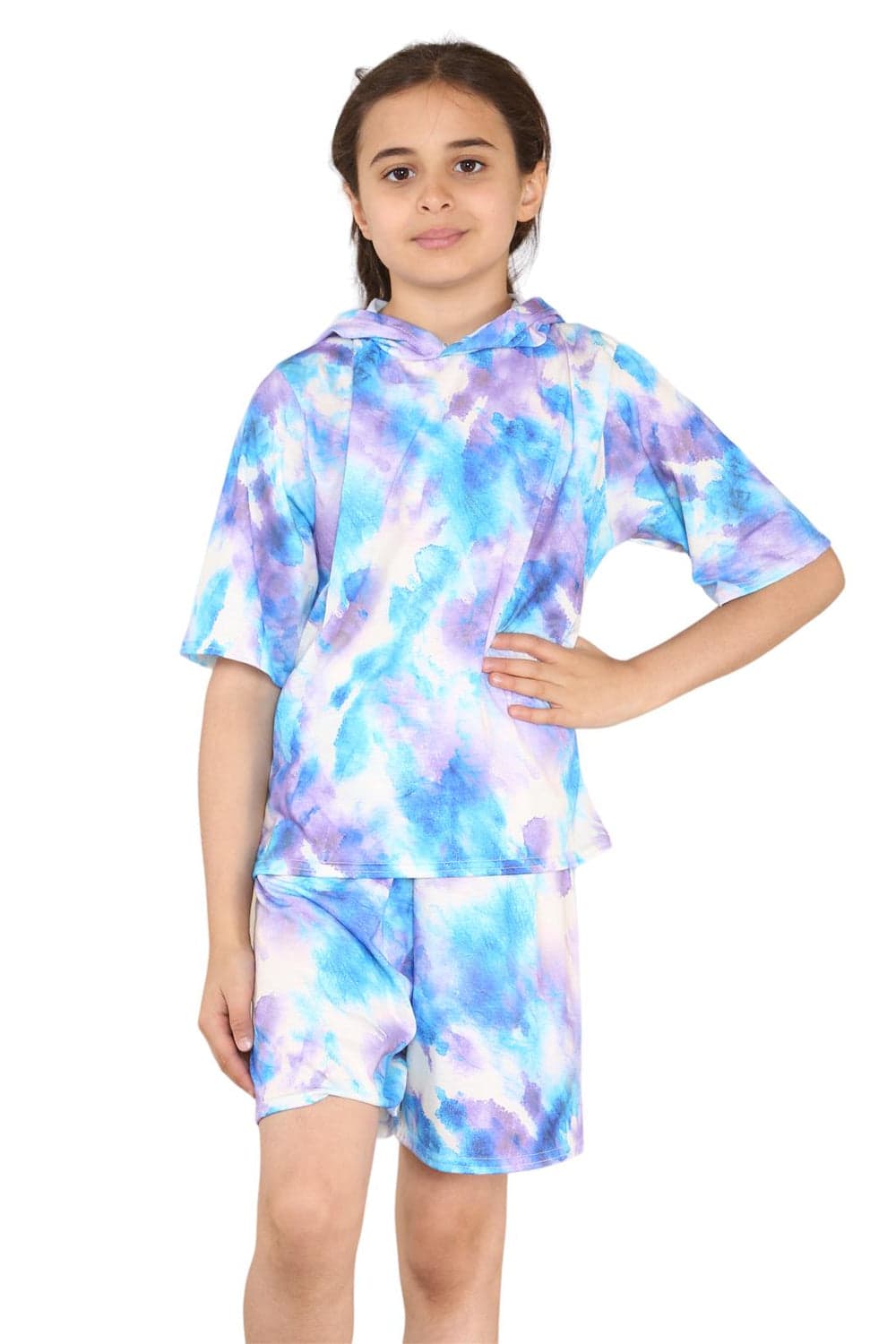 Girls Tie Dye Hooded Top & Shorts Outfit