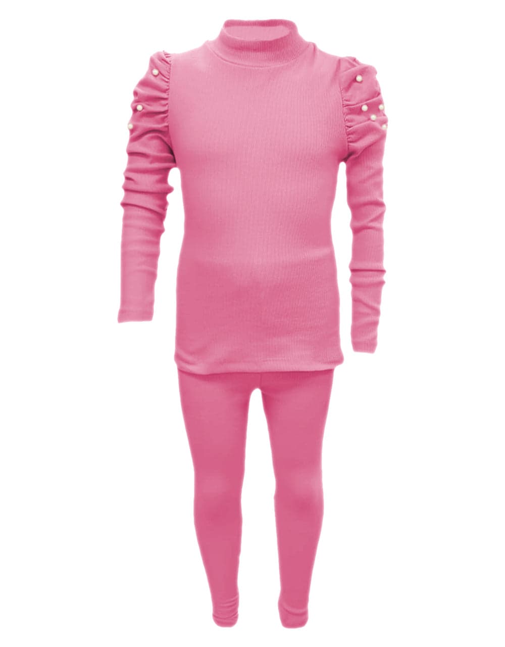 Girls Ribbed Ruched Sleeve Pearl Outfit