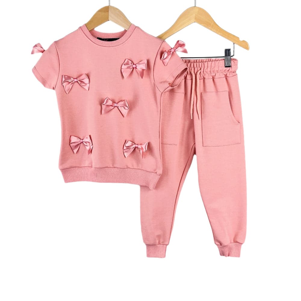 Girls Loungewear Tracksuit Fancy Satin Bow Outfits