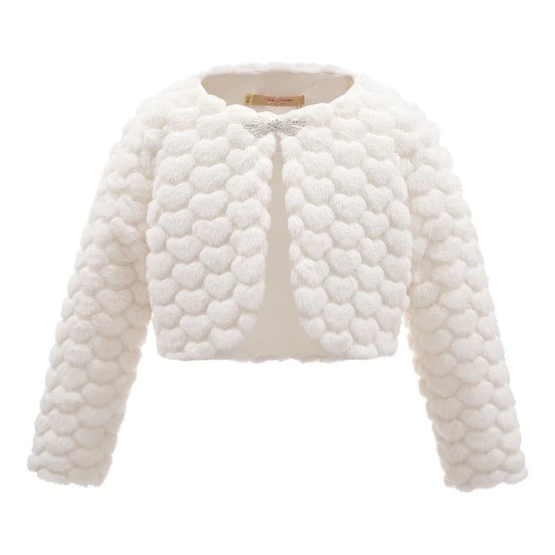 Girls Bolero Shrug Ivory Faux Fur Long Sleeve Tippet Diamante Fastening