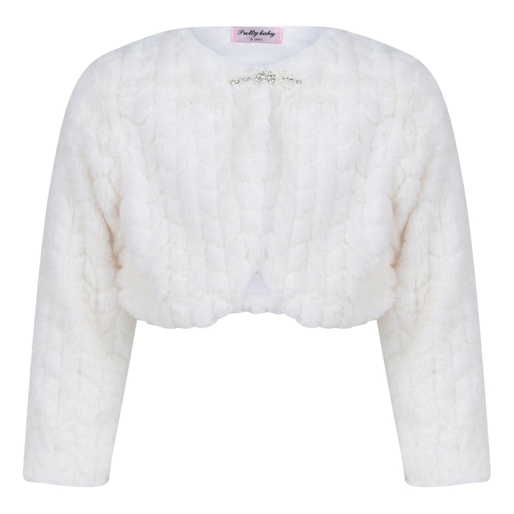 Girls Long Sleeve Ivory Fur Special Occasion Bolero Tippet Shrug Diamante Clasp Fastening 3-14 Years