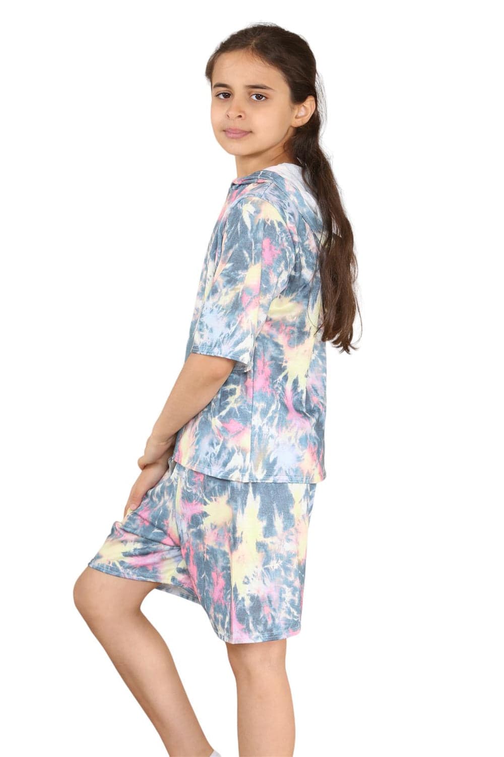 Girls Tie Dye Hooded Top & Shorts Outfit