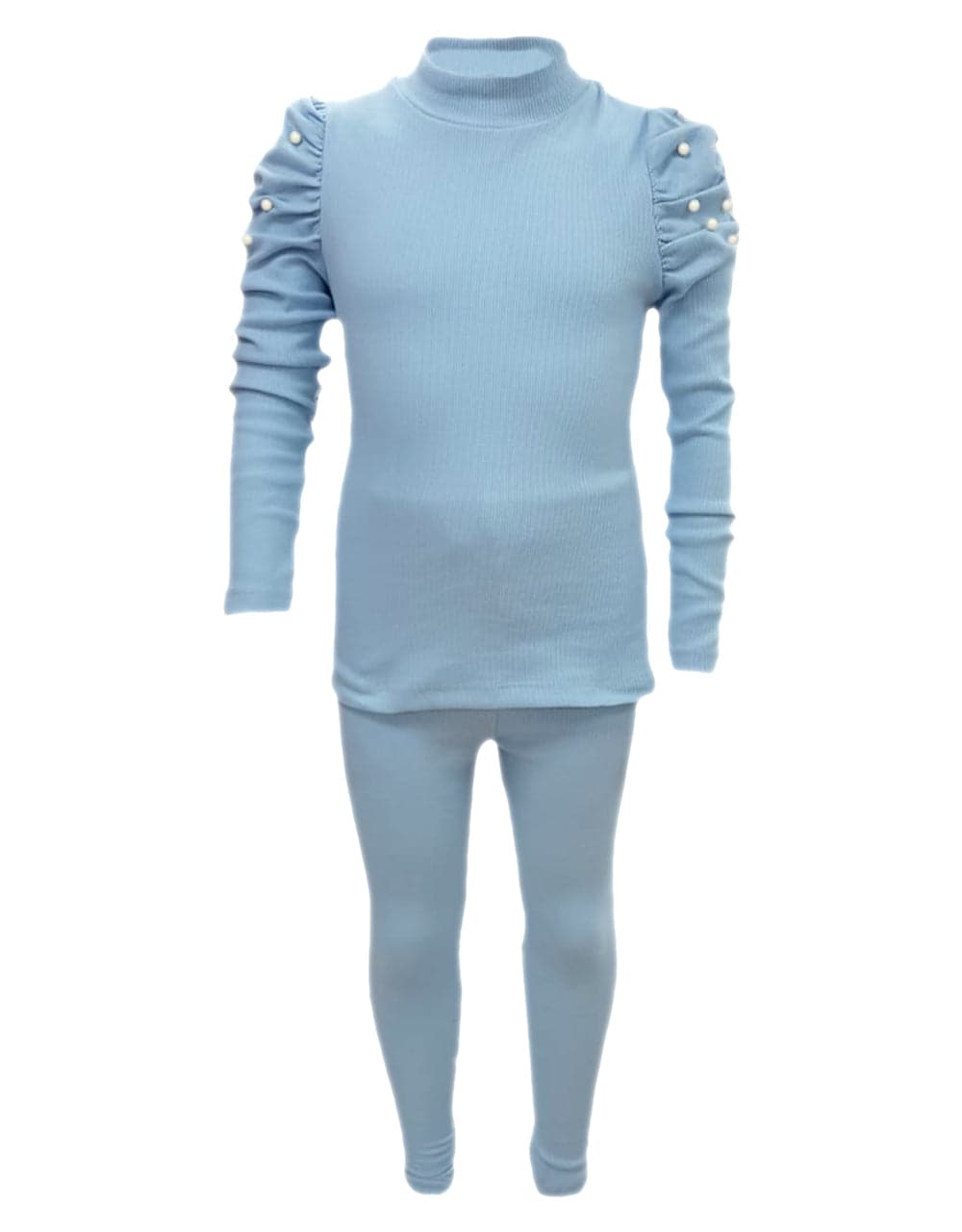 Girls Ribbed Ruched Sleeve Pearl Outfit