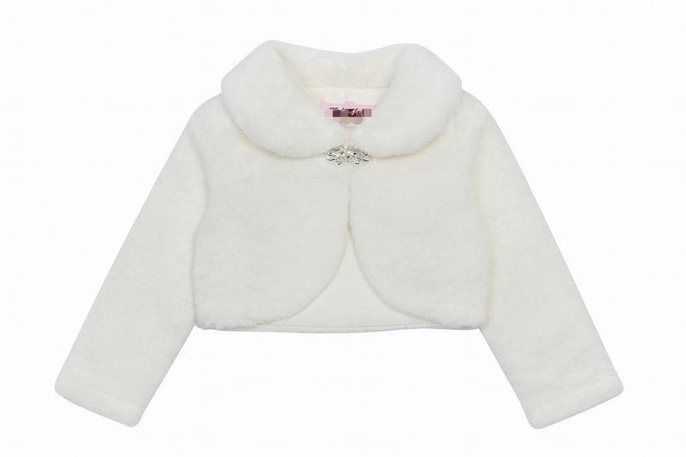 Girls Ivory Faux Fur Bolero – Long Sleeve with Clasp Hook (Ages 3–13 Years)