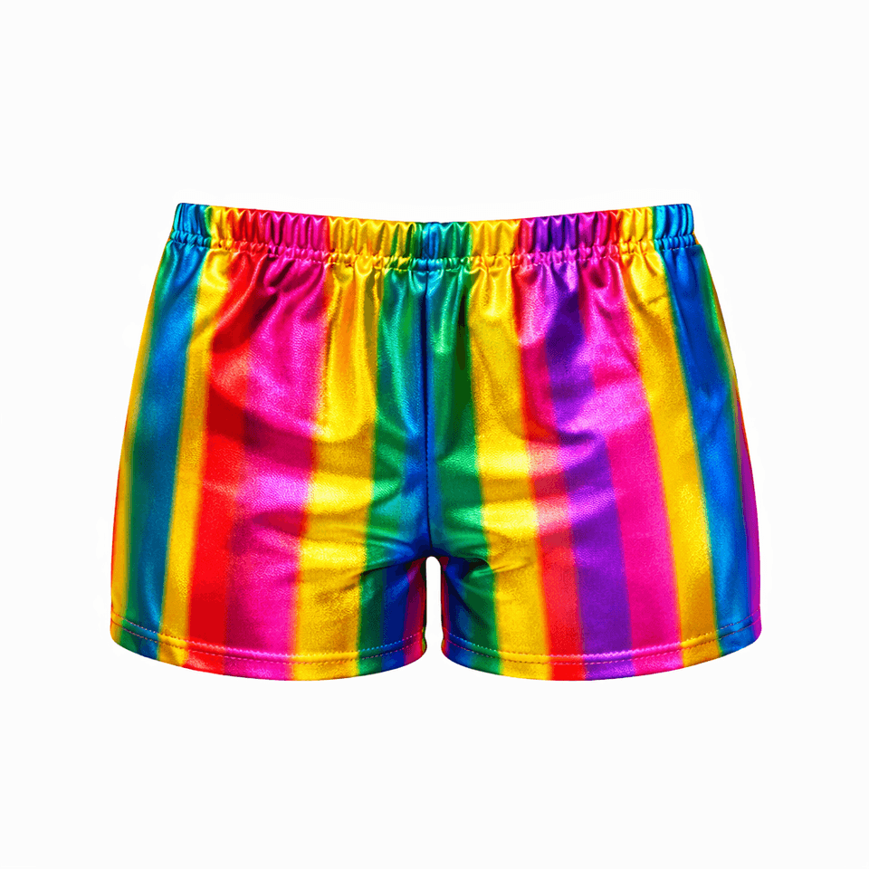 Kids Rainbow Metallic Crop Top Shorts & Leggings Set Shiny Festival Dance Outfit