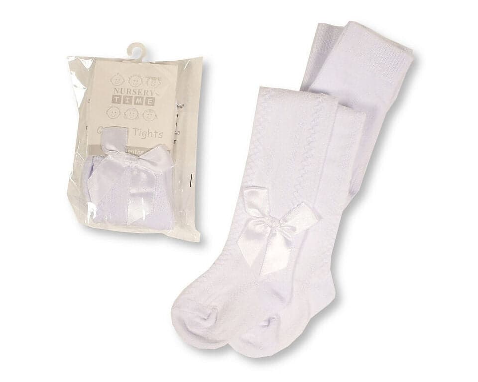 Baby Infant Cotton Tights Plain & Bow Babies Newborn - 24 Months / White & Pink